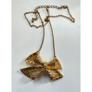 Chic Bow Tie Necklace Gold Tone Rhinestone Statement‎ Pendant Jewelry